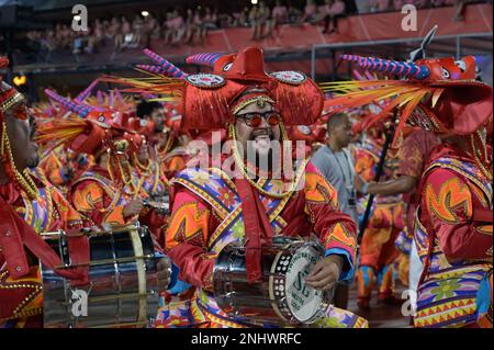 Rio De Janeiro, Brazil. 21st Feb, 2023. Revelers participate in the carnival parade at the Sambadrome in Rio de Janeiro, Brazil, on Feb. 21, 2023. Credit: Chen Haoquan/Xinhua/Alamy Live News Stock Photo