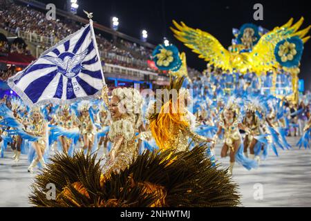 Rio De Janeiro, Brazil. 20th Feb, 2023. Revelers participate in the carnival parade at the Sambadrome in Rio de Janeiro, Brazil, on Feb. 20, 2023. Credit: Claudia Martini/Xinhua/Alamy Live News Stock Photo