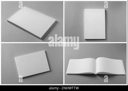 Open blank brochures on grey background, collage Stock Photo