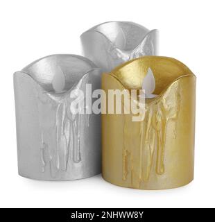 Decorative flameless LED candles on white background Stock Photo