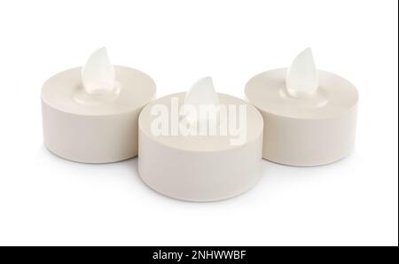 Decorative flameless LED candles on white background Stock Photo