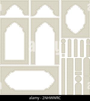 Arches, frames and additional design elements. Arabic geometric ornament.Brown color. Stock Vector