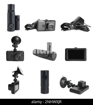 Set with modern car cameras on white background Stock Photo
