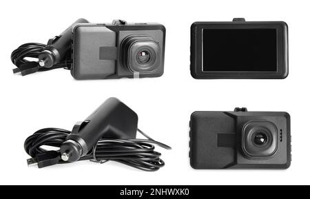 Set with modern car cameras on white background Stock Photo