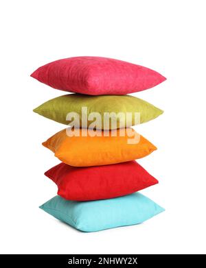 Stack of colorful decorative pillows on white background Stock Photo