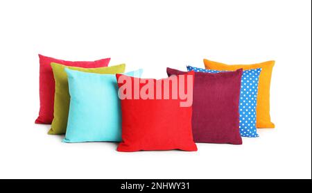 Different colorful decorative pillows on white background Stock Photo