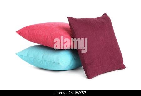 Different colorful decorative pillows on white background Stock Photo
