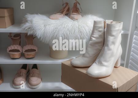 Different stylish women's shoes in dressing room Stock Photo