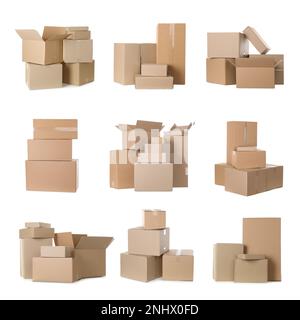 Set with different cardboard boxes on white background Stock Photo