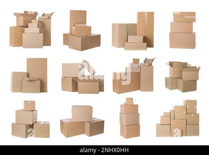 Set with different cardboard boxes on white background Stock Photo