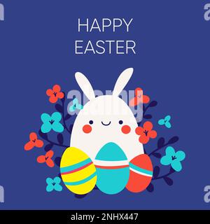 Happy Easter greetings card with cute Easter bunny and Easter eggs. Vector illustration for poster or social banner. Stock Vector