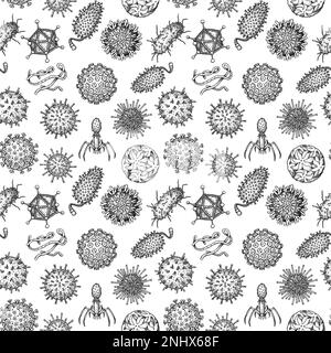 Viruses seamless patten. Scientific hand drawn vector illustration in sketch style. Microscopic microorganisms Stock Vector