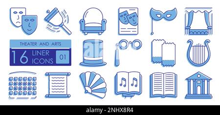 Set of color filled linear icons. Theatrical performances and premieres. Musical art of theater and opera on stage. Harp, tragedy, comedy, masks, scri Stock Vector