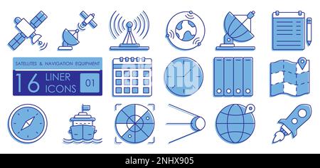 Set of color filled linear icons. Navigation equipment, satellite communications, GPS positioning technologies. Satellites, wireless technologies, nav Stock Vector