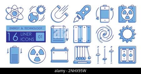 Set of color filled linear icons. Technologies for production and use of energy in industry and science. Atom, magnet, sun, accumulator, battery, regu Stock Vector