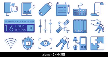 Set of color filled linear icons. Data storage, protection and transmission technologies. Digital tablet, electronic, signature, keyboard, wireless, W Stock Vector