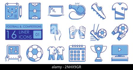 Set of color filled linear icons. Football and sports competitions. Boots, uniform, soccer ball. Prize for winning the competition Stock Vector