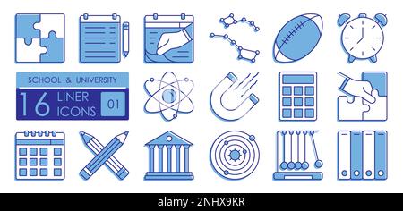 Set of color filled linear icons. University linear icons set. Structure of atom, calculator. Physical education lessons, astronomy. Sports activities Stock Vector
