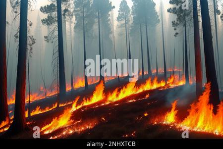 Intense flames from a massive forest fire. Flames light up the night as ...
