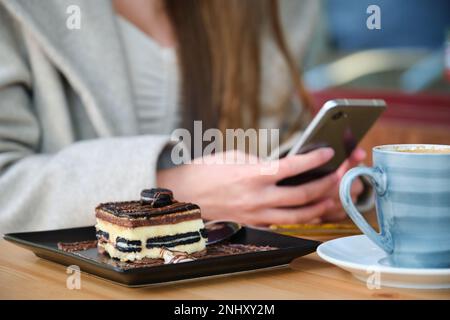 Unrecognizable woman using the phone in a coffee shop. Stock Photo
