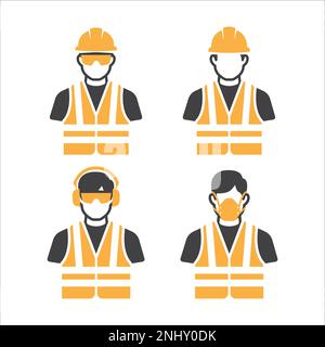 Construction Worker Icon vector set. Safety icon Avatar set. Builder man in a helmet, safety glasses, mask, safety vest, ear protection icon. vector illustration Stock Vector