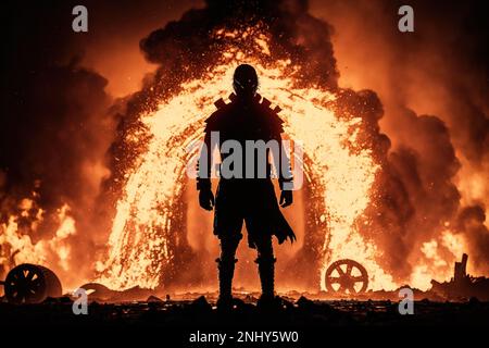 A man standing in front of a huge fire filled sky with a giant wheel in the background elden ring concept art antipodeans