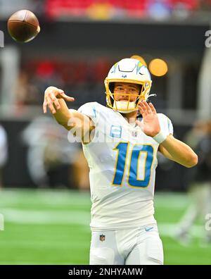 ATLANTA, GA - NOVEMBER 06: Los Angeles Chargers quarterback Justin Herbert  (10) during the Sunday afternoon NFL game between the Atlanta Falcons and  the Los Angeles Chargers on November 6, 2022 at