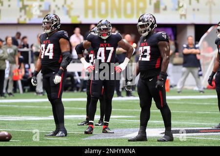 ATLANTA, GA - NOVEMBER 06: An Atlanta Falcons helmet before the Sunday  afternoon NFL game between the Atlanta Falcons and the Los Angeles Chargers  on November 6, 2022 at Mercedes-Benz Stadium in