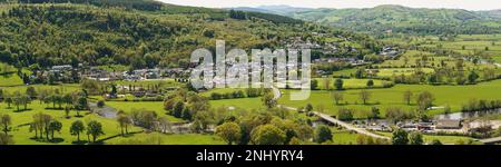 Panoramic aerial landscape view of farms and hills above the town of Corwen North Wales Stock Photo
