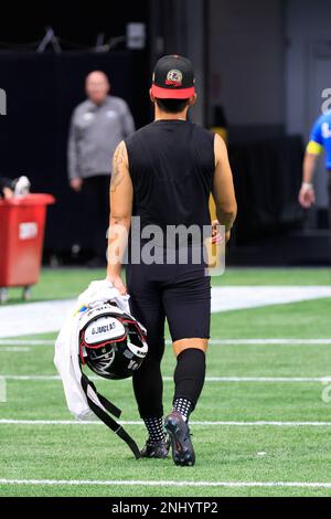 Atlanta Falcons kicker Younghoe Koo #7 looks on during pregame before the  game against the Los Angeles Charge…