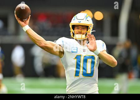 ATLANTA, GA - NOVEMBER 06: Los Angeles Chargers quarterback Justin Herbert  (10) during the Sunday afternoon NFL game between the Atlanta Falcons and  the Los Angeles Chargers on November 6, 2022 at