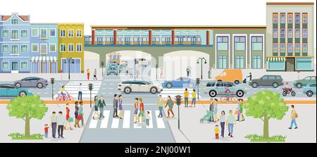 City silhouette with pedestrians and road traffic, at the train station, illustration Stock Vector