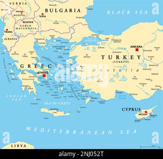 Aegean Sea region with Aegean Islands, political map. An elongated embayment of the Mediterranean Sea, located between Europe and Asia. Stock Photo