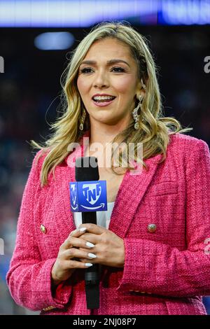 HOUSTON, TX - NOVEMBER 03:  Thursday Night Football analyst Charissa  Thompson performs a live shot before the football game between the  Philadelphia Eagles and Houston Texans at NRG Stadium on November