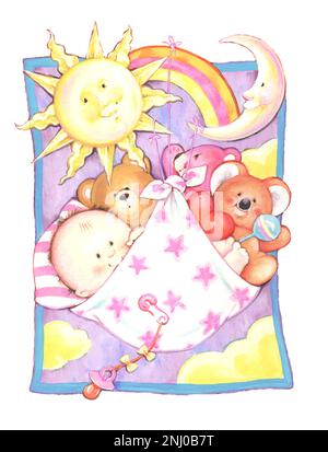 Baby- in blanket hanging from sun  rainbow & moon rainbow Stock Photo