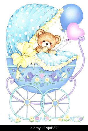 Baby-bear n vintage pram on white Stock Photo