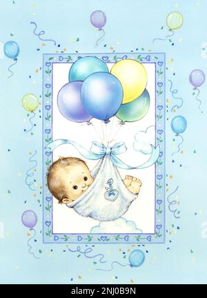 Baby-boy in blanket floating from balloons on blue border Stock Photo