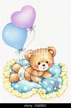 Baby-boy teddy on blanket with balloons on white Stock Photo