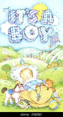 Baby-It's a boy cradle & toys in countryside Stock Photo