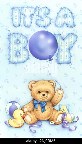 Baby-Teddy with toys & 't's a Boy' lettering Stock Photo