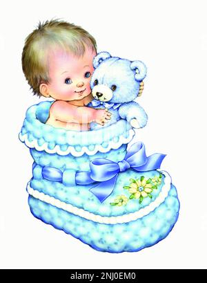 Baby-cute blue teddy & baby boy in bootie on white Stock Photo