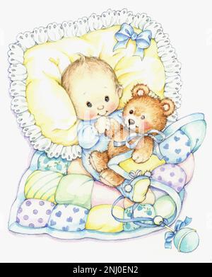 Baby-on pillow & quilt with teddy on white Stock Photo