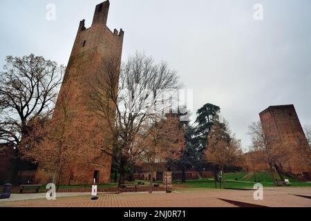 Rovigo, Italy. Donà tower L and Grimani tower or Mozza tower R. the two medieval towers were part of the ancient city walls. Stock Photo