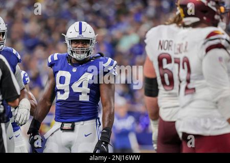 October 16, 2022: Indianapolis Colts defensive lineman Tyquan Lewis (94)  reacts to sacking the quarterback during NFL football game action between  the Jacksonville Jaguars and the Indianapolis Colts at Lucas Oil Stadium