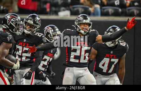 ATLANTA, GA – OCTOBER 30: Atlanta cornerback Mike Ford (28) reacts during  the NFL game between the Carolina Panthers and the Atlanta Falcons on October  30th, 2022 at Mercedes-Benz Stadium in Atlanta