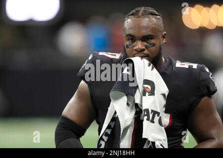 ATLANTA, GA - OCTOBER 30: Atlanta Falcons defensive end Grady Jarrett (97)  looks on from the sidelines during the Sunday afternoon NFL game between  the Carolina Panthers and the Atlanta Falcons on