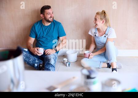 Couple Renovating Kitchen At Home Take A Break From Decorating Kitchen Stock Photo