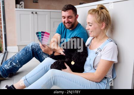 Couple On Coffee Break From Renovating Kitchen At Home With Pet Spaniel Dog Look At Paint Swatches Stock Photo