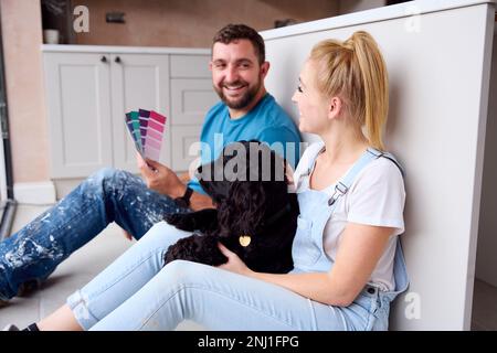 Couple On Coffee Break From Renovating Kitchen At Home With Pet Spaniel Dog Look At Paint Swatches Stock Photo