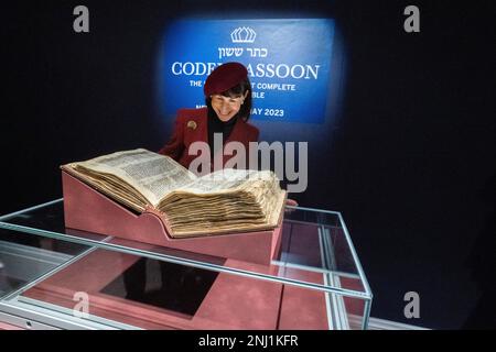 EMBARGO UNTIL 00.01AM on 23 February. London, UK. 22 February 2023..  A preview at Sotheby's of The Codex Sassoon  Hebrew Bible.  the world's earliest near-complete“most valuable historical document ever sold at auction,”  which is expected to sell  for between USD 30 and 50 million . The sale takes place at Sotheby's New York on 16 May Credit: amer ghazzal/Alamy Live News Stock Photo